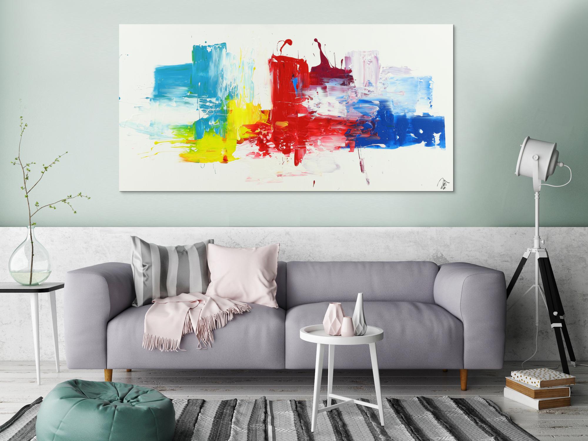 Abstraktes Acrylbild bunte Farben auf weißem Hintergrund Spachteltechnik handgemalt auf Leinwand