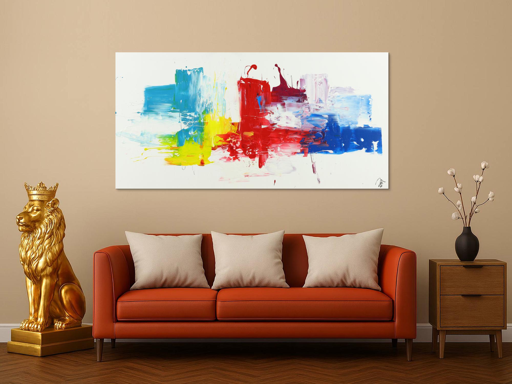 Abstraktes Acrylbild bunte Farben auf weißem Hintergrund Spachteltechnik handgemalt auf Leinwand