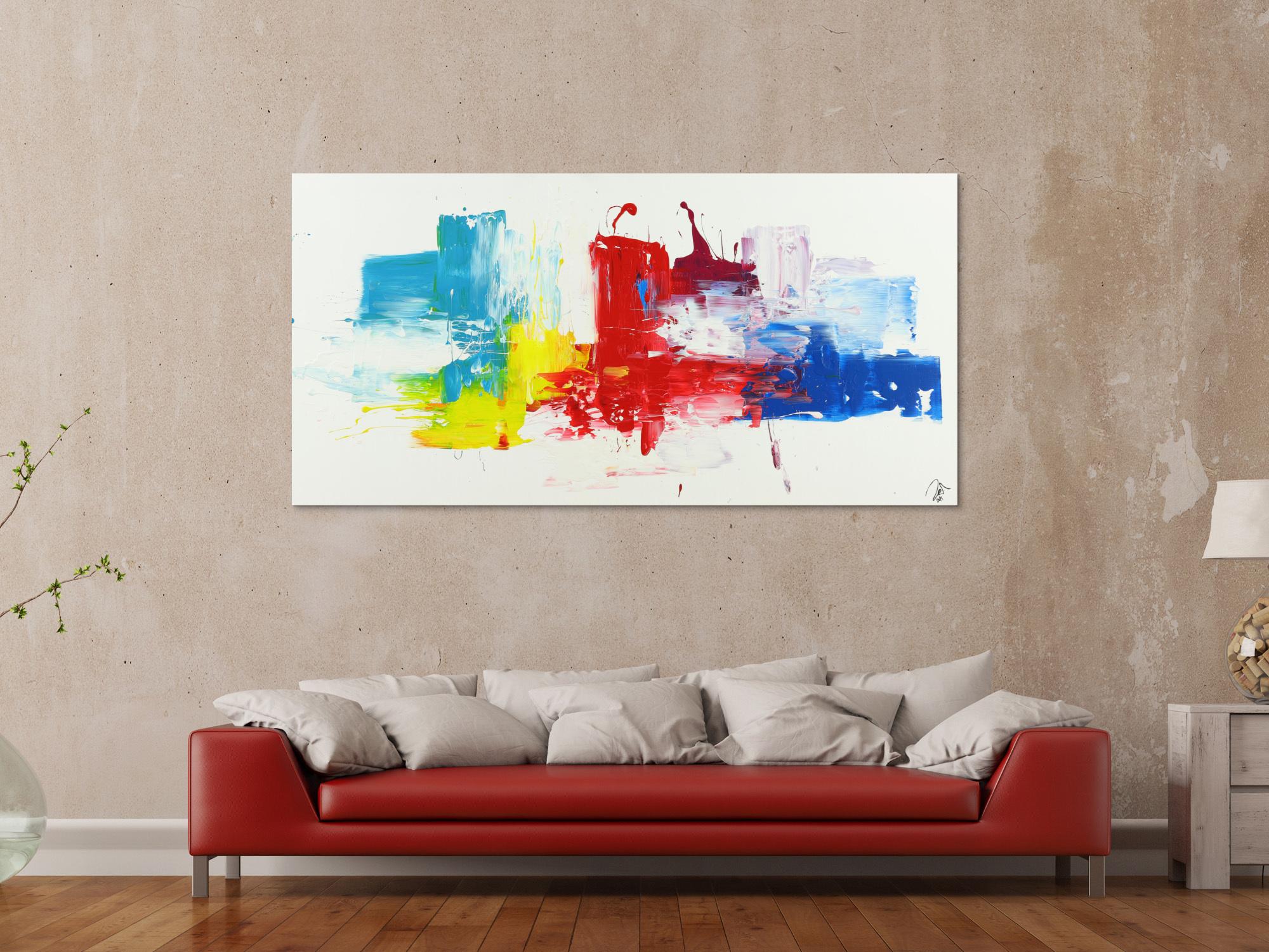 Abstraktes Acrylbild bunte Farben auf weißem Hintergrund Spachteltechnik handgemalt auf Leinwand