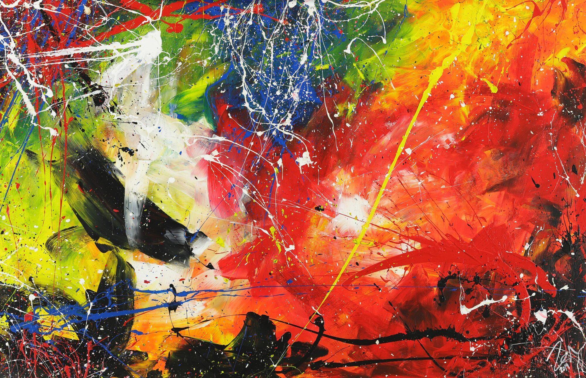 Abstraktes Acrylbild sehr bunt Action Painting Modern Art auf Leinwand handgemalt