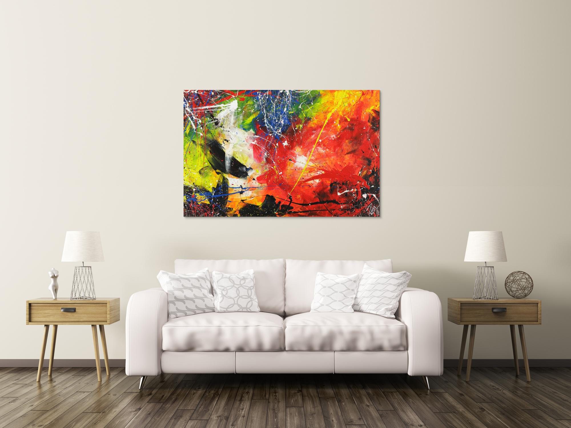 Abstraktes Acrylbild sehr bunt Action Painting Modern Art auf Leinwand handgemalt