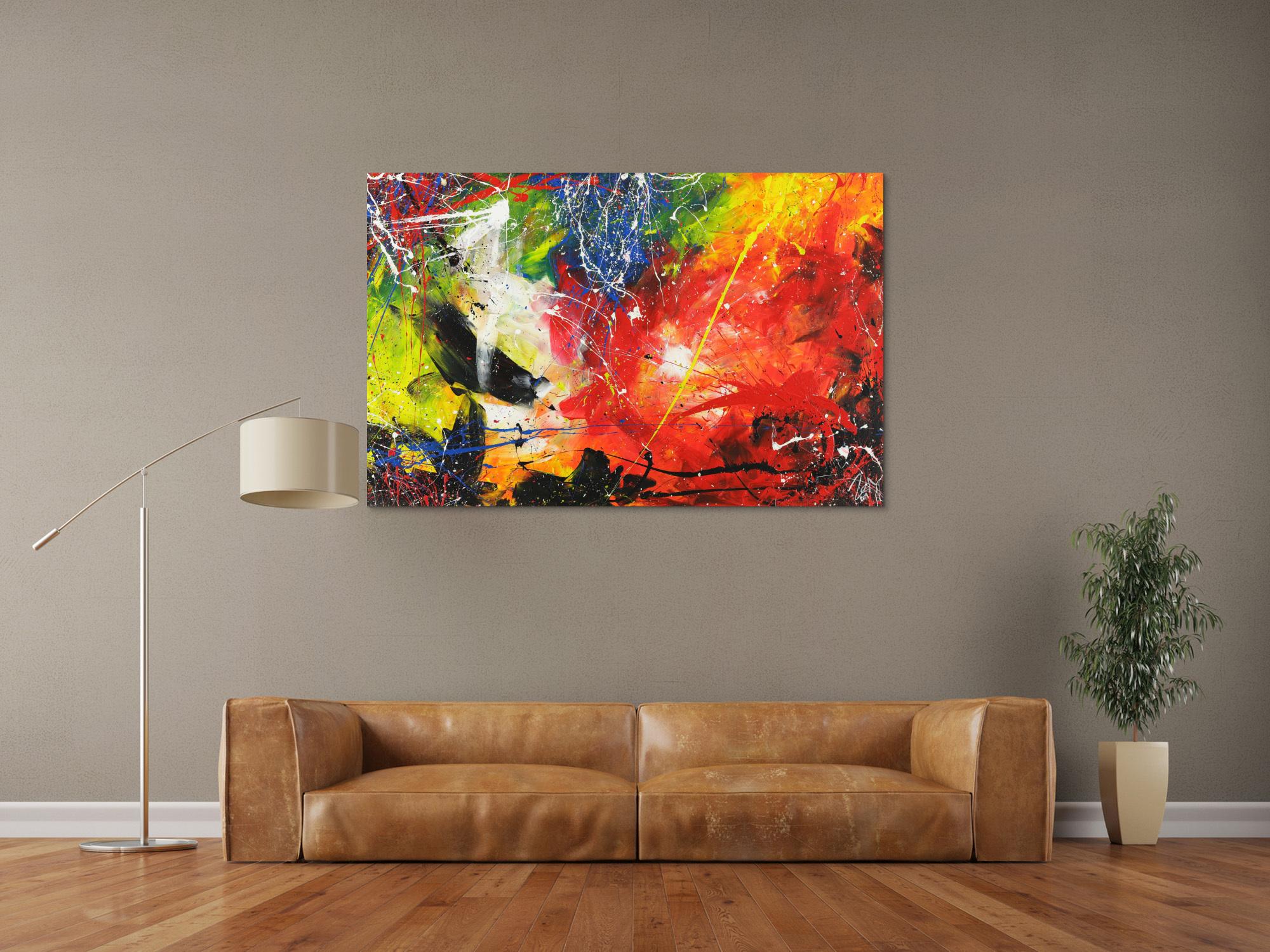 Abstraktes Acrylbild sehr bunt Action Painting Modern Art auf Leinwand handgemalt