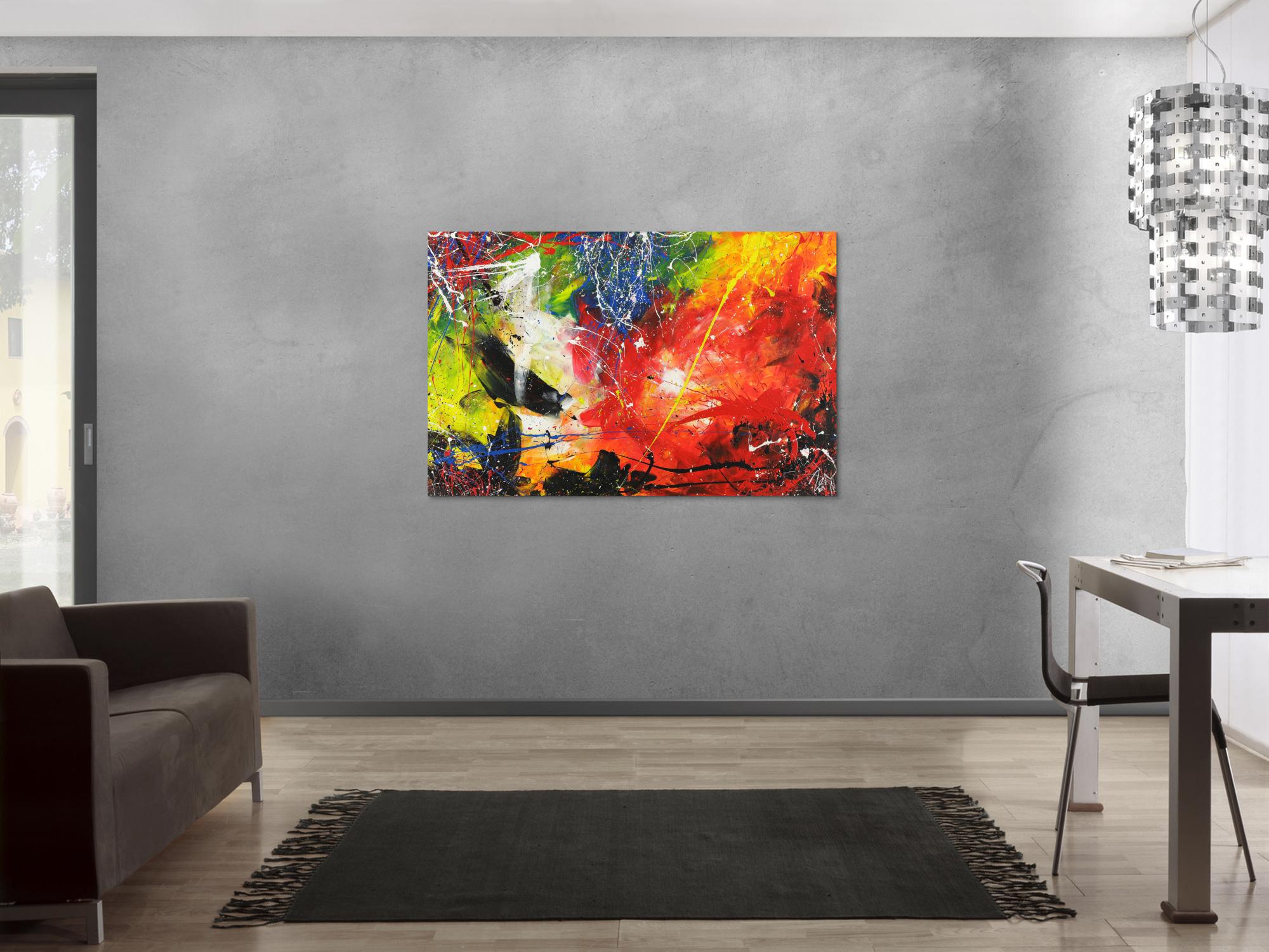 Abstraktes Acrylbild sehr bunt Action Painting Modern Art auf Leinwand handgemalt