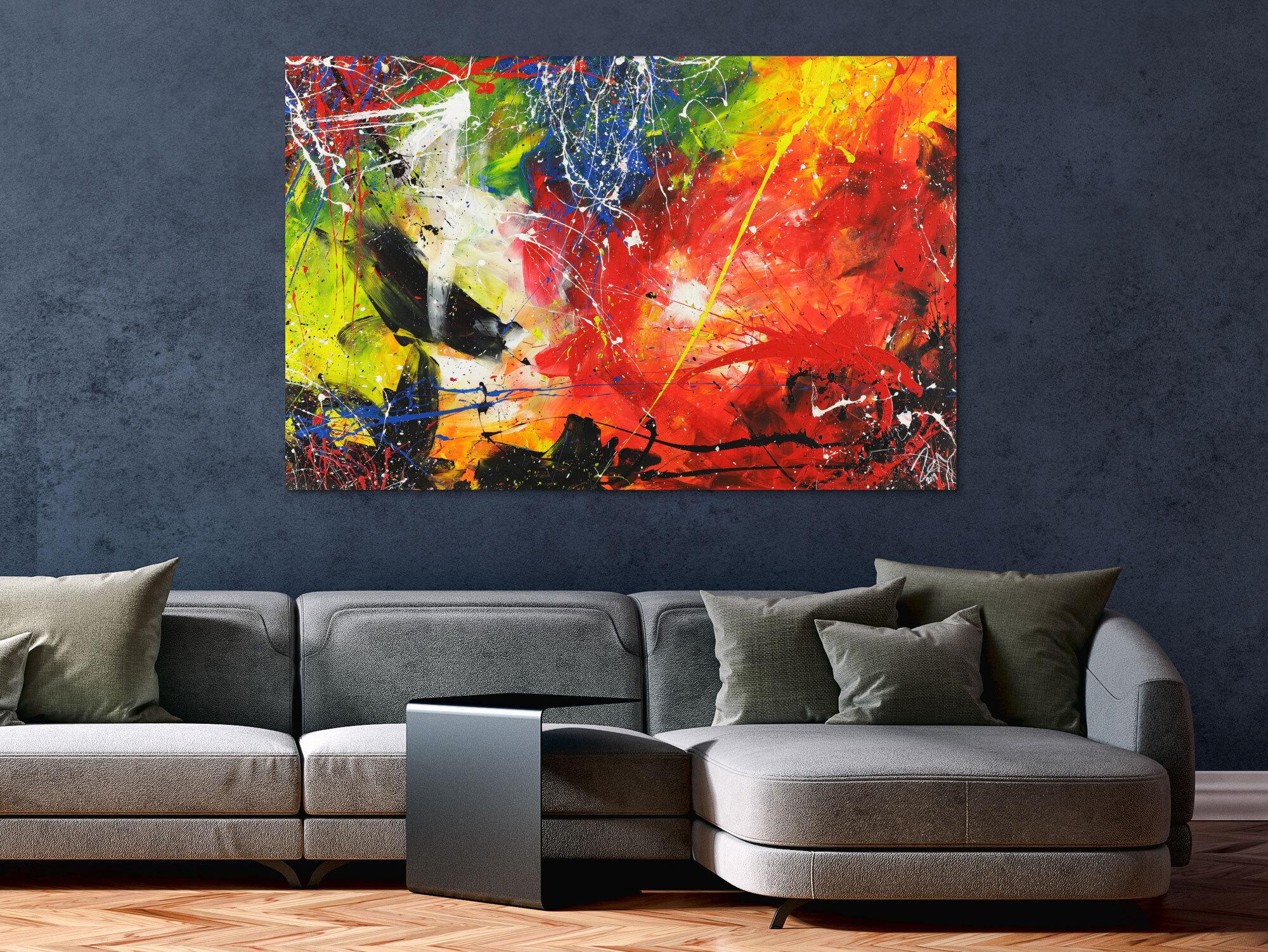 Abstraktes Acrylbild sehr bunt Action Painting Modern Art auf Leinwand handgemalt