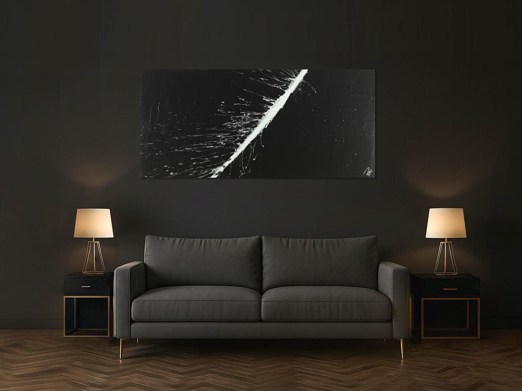 Abstraktes Acrylbild minimalistisch schwarz weiß schlicht Action Painting auf Leinwand