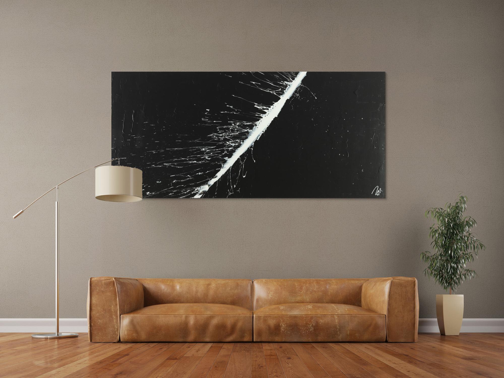 Abstraktes Acrylbild minimalistisch schwarz weiß schlicht Action Painting auf Leinwand