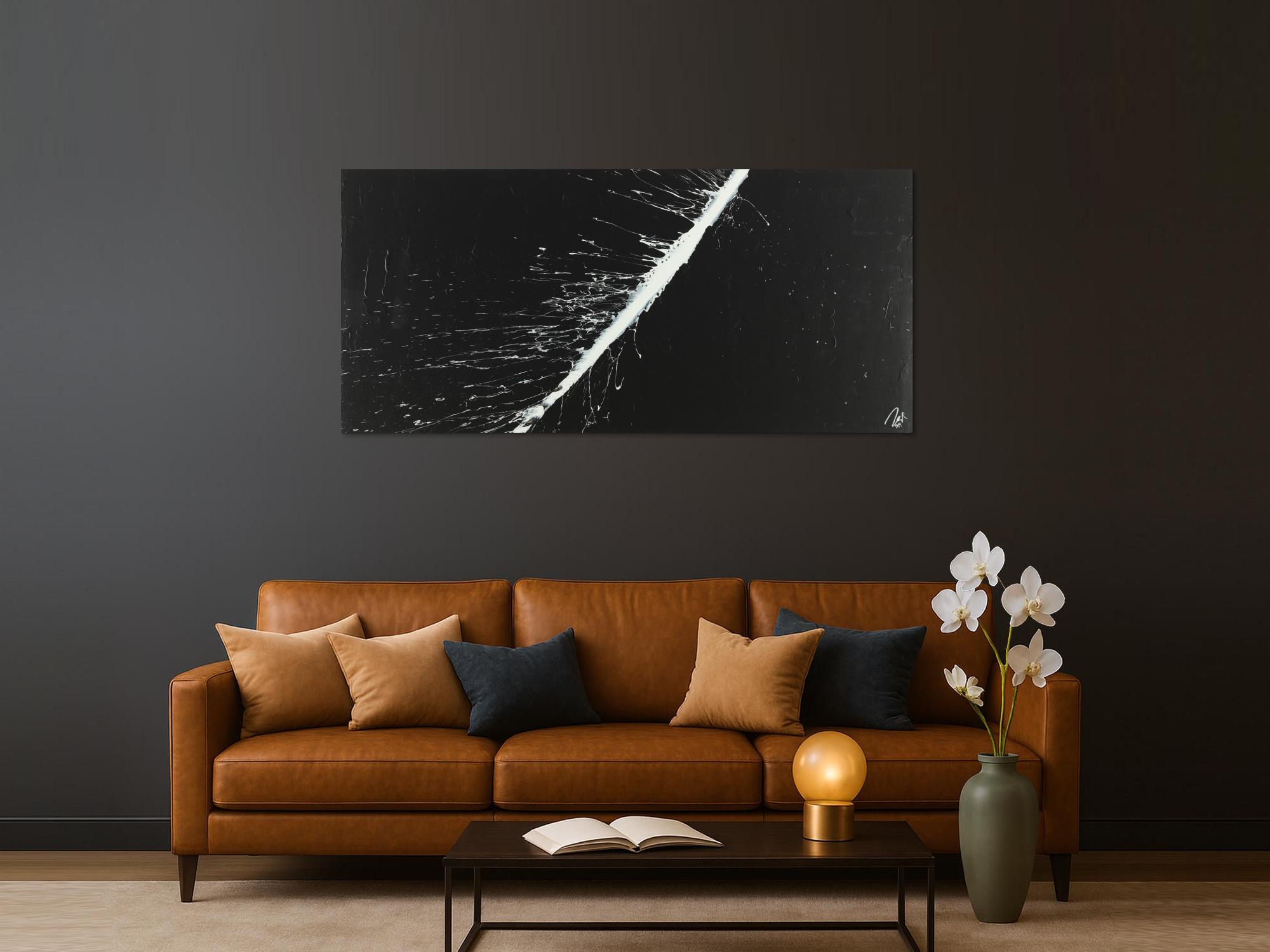 Abstraktes Acrylbild minimalistisch schwarz weiß schlicht Action Painting auf Leinwand