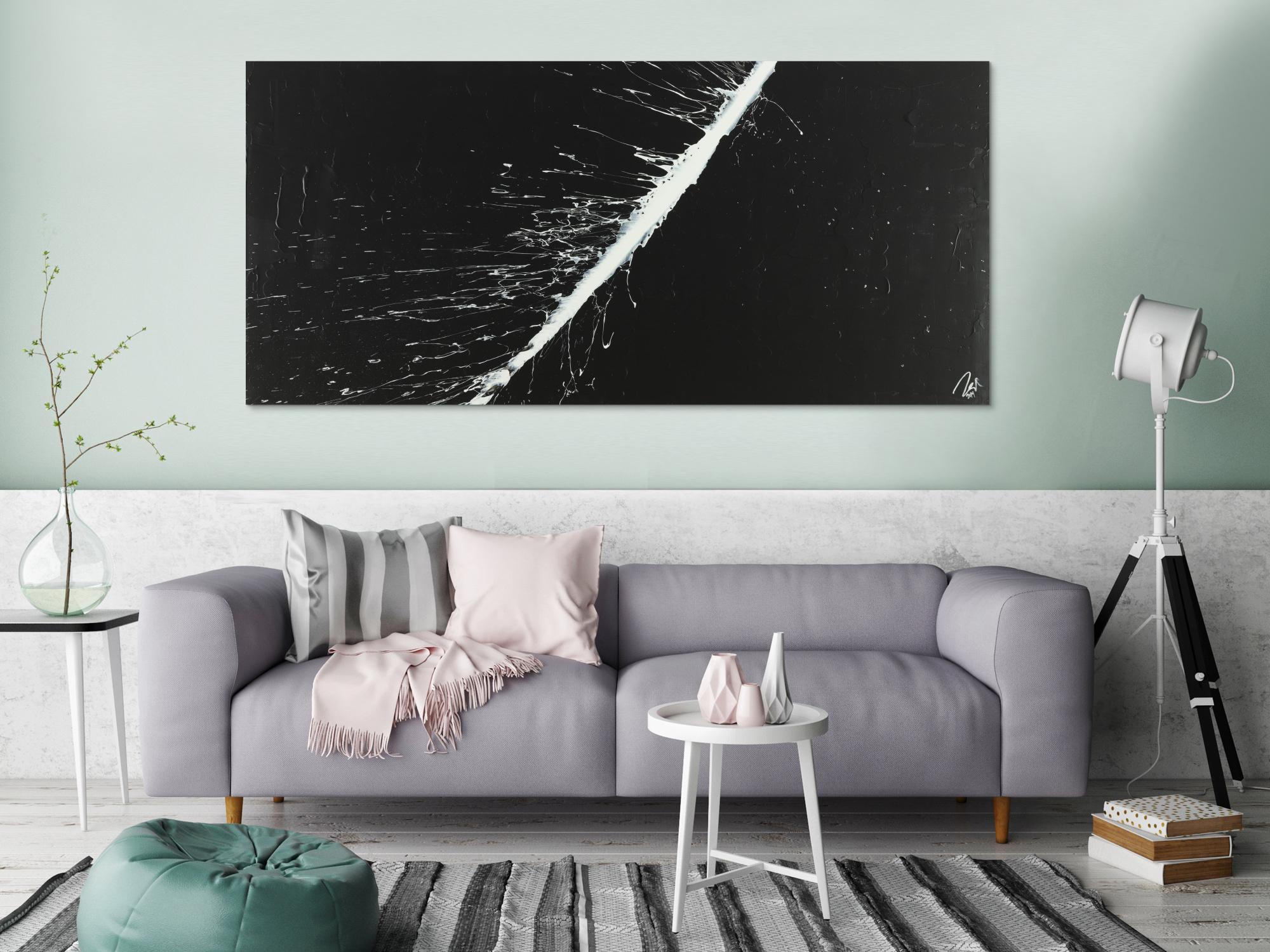 Abstraktes Acrylbild minimalistisch schwarz weiß schlicht Action Painting auf Leinwand