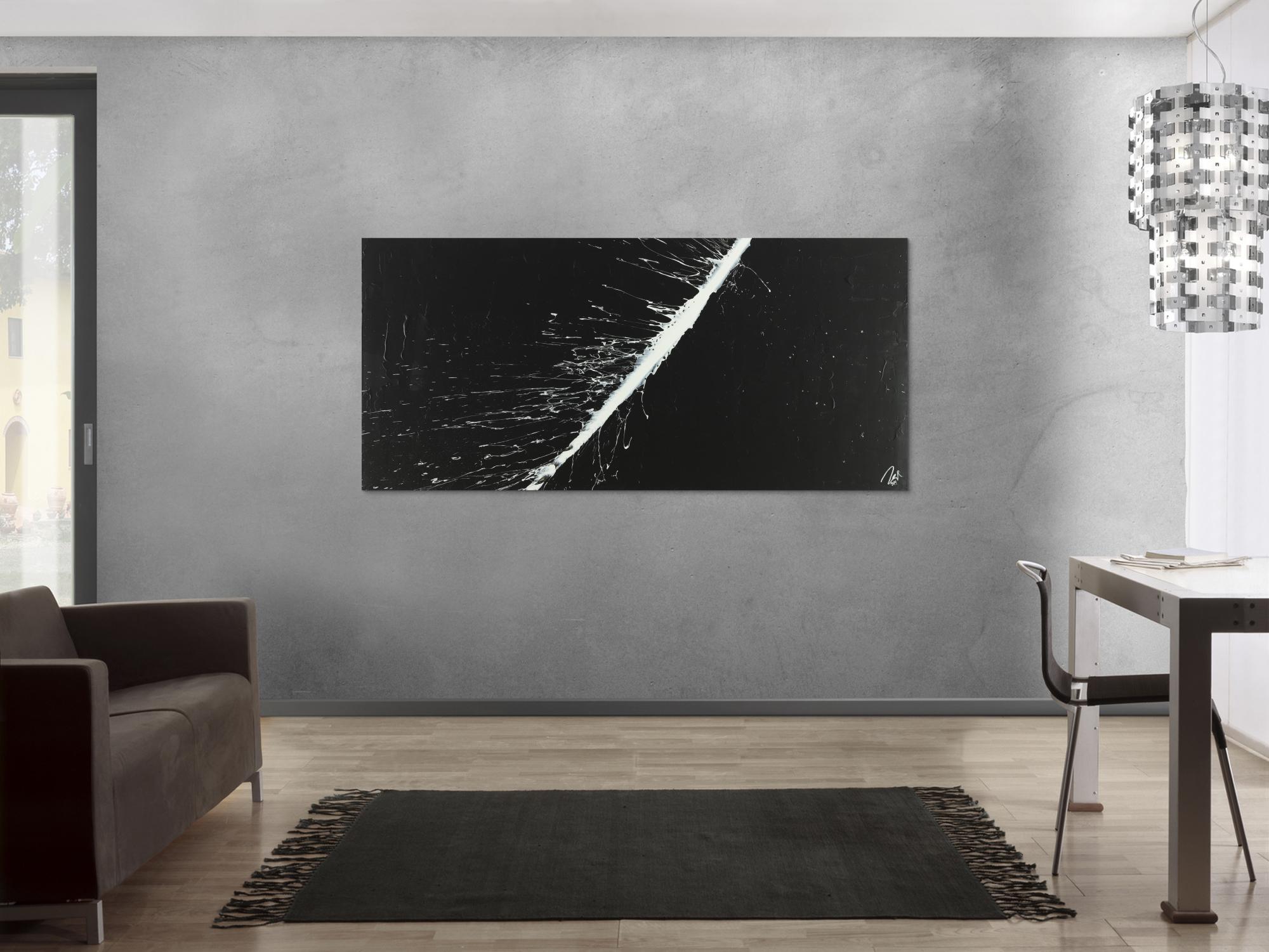 Abstraktes Acrylbild minimalistisch schwarz weiß schlicht Action Painting auf Leinwand