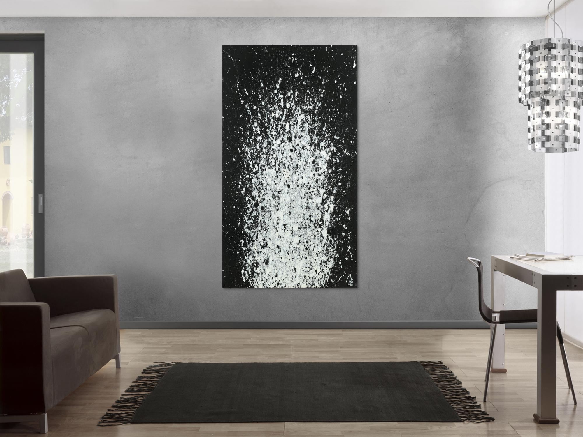 Abstraktes Acrylbild Action Painting schwarz weiß auf Leinwand handgemalt zeitgenössisch