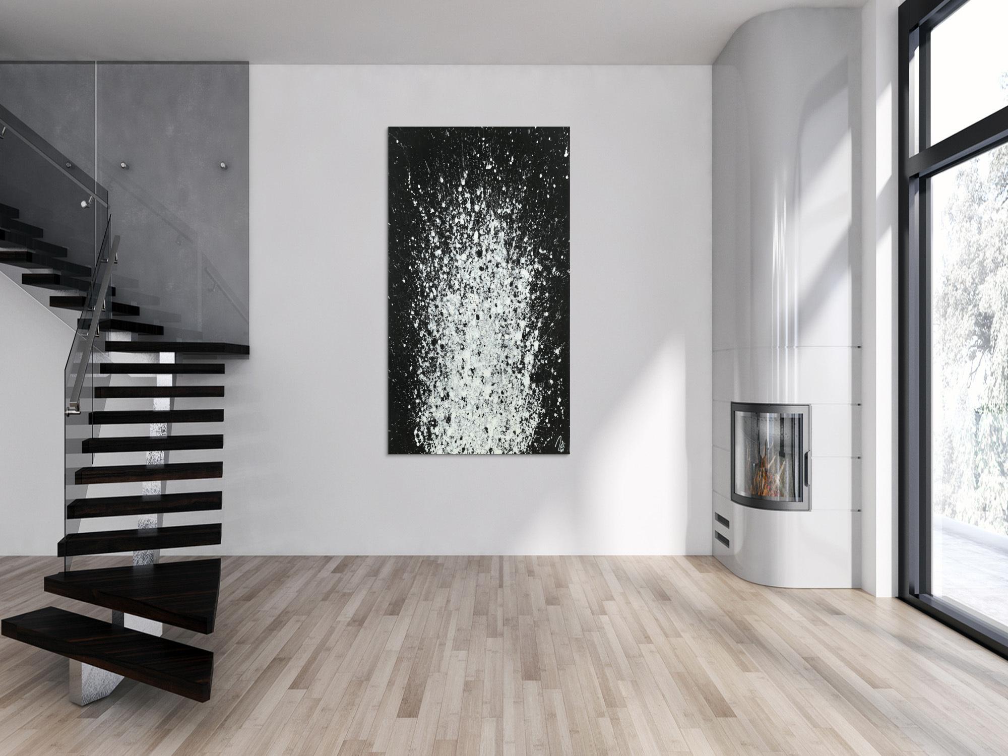 Abstraktes Acrylbild Action Painting schwarz weiß auf Leinwand handgemalt zeitgenössisch