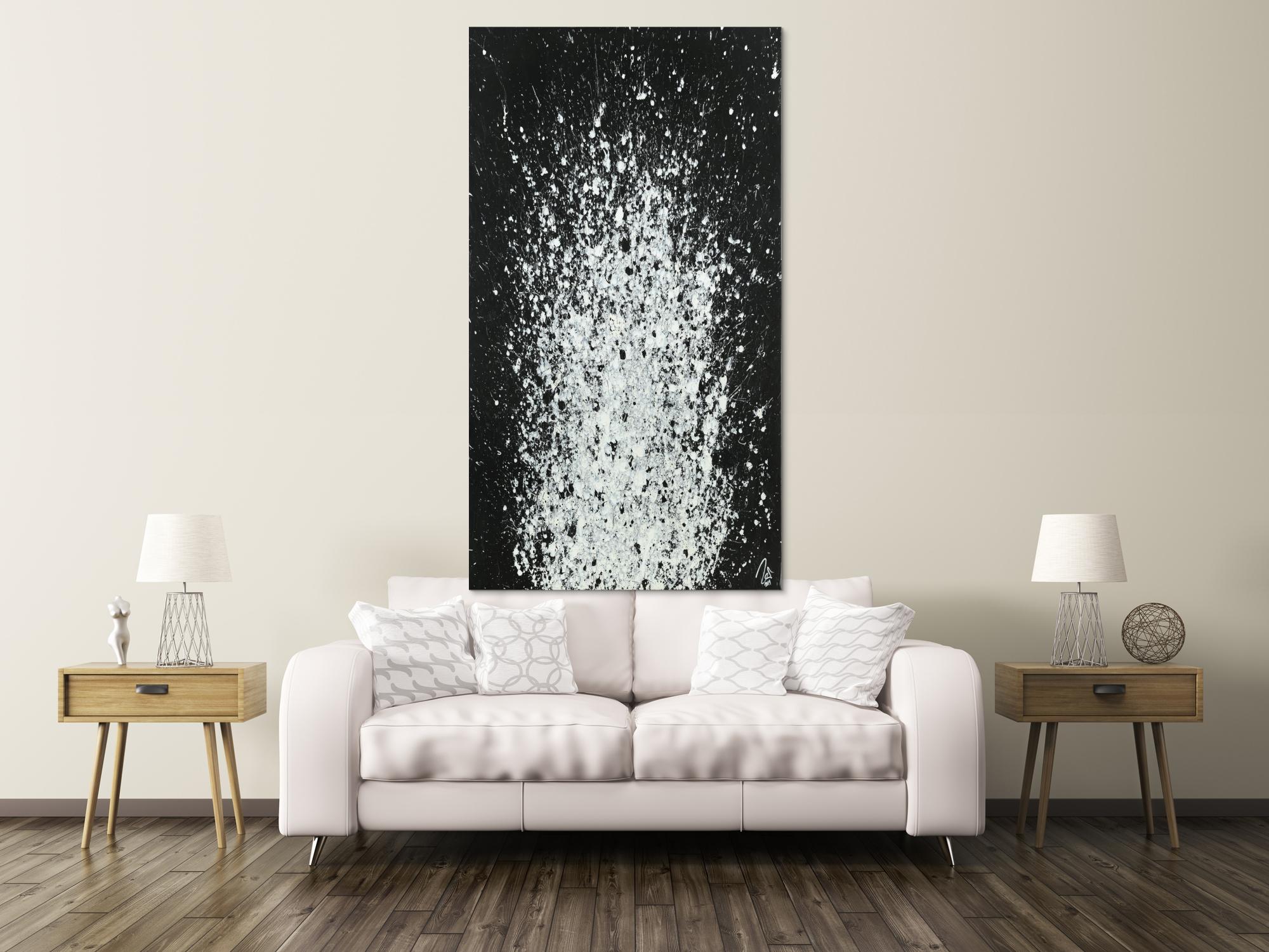 Abstraktes Acrylbild Action Painting schwarz weiß auf Leinwand handgemalt zeitgenössisch