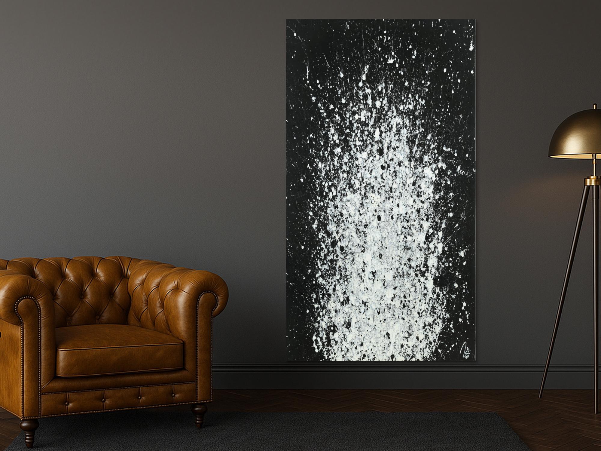 Abstraktes Acrylbild Action Painting schwarz weiß auf Leinwand handgemalt zeitgenössisch