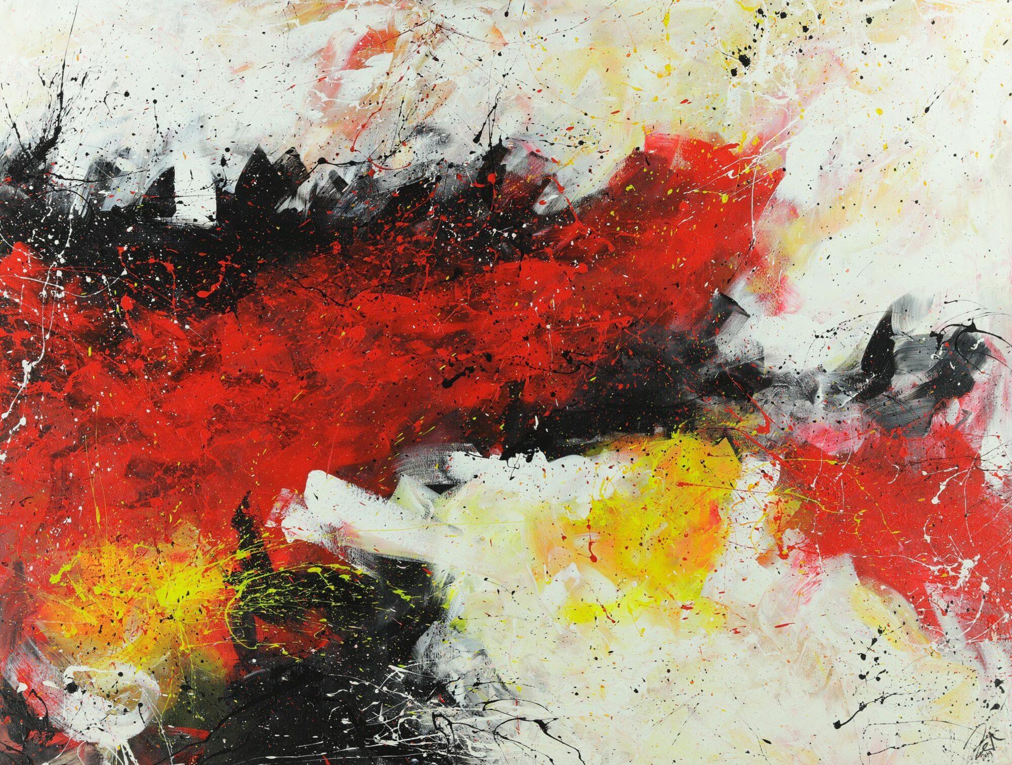 Abstraktes Acrylbild Action Painting rot weiß gelb schwarz auf Leinwand handgemalt XXL zeitgenössisch