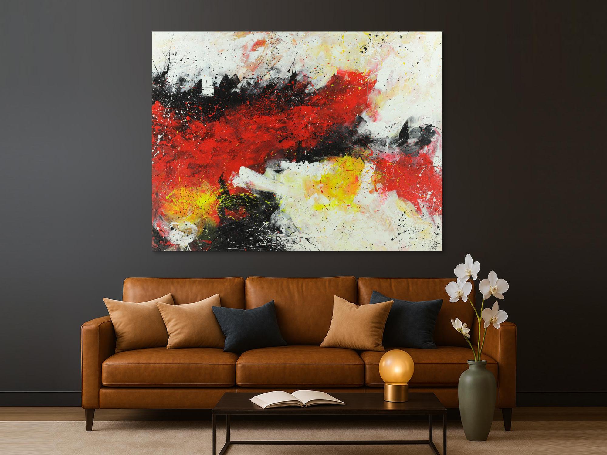 Abstraktes Acrylbild Action Painting rot weiß gelb schwarz auf Leinwand handgemalt XXL zeitgenössisch