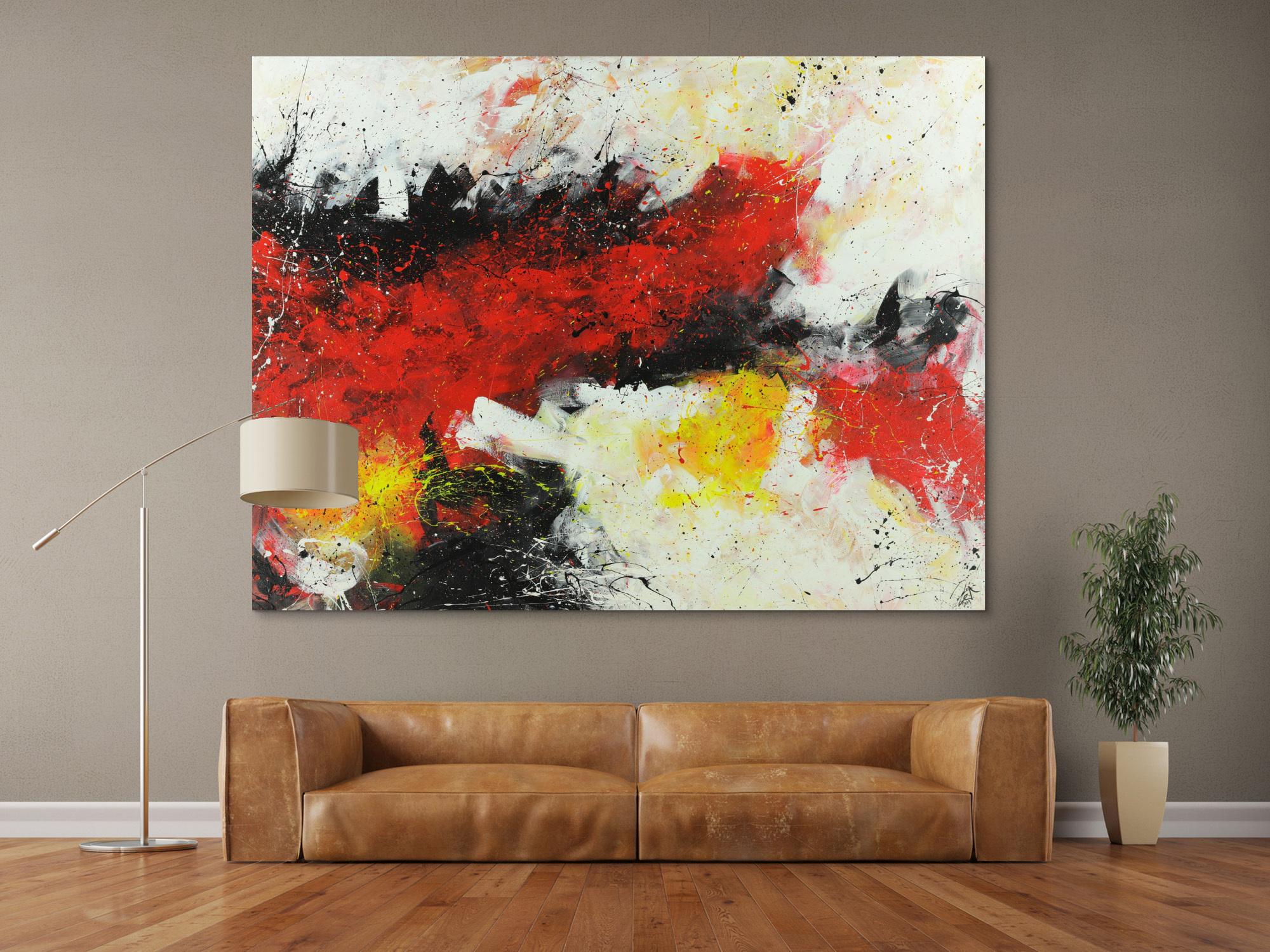 Abstraktes Acrylbild Action Painting rot weiß gelb schwarz auf Leinwand handgemalt XXL zeitgenössisch