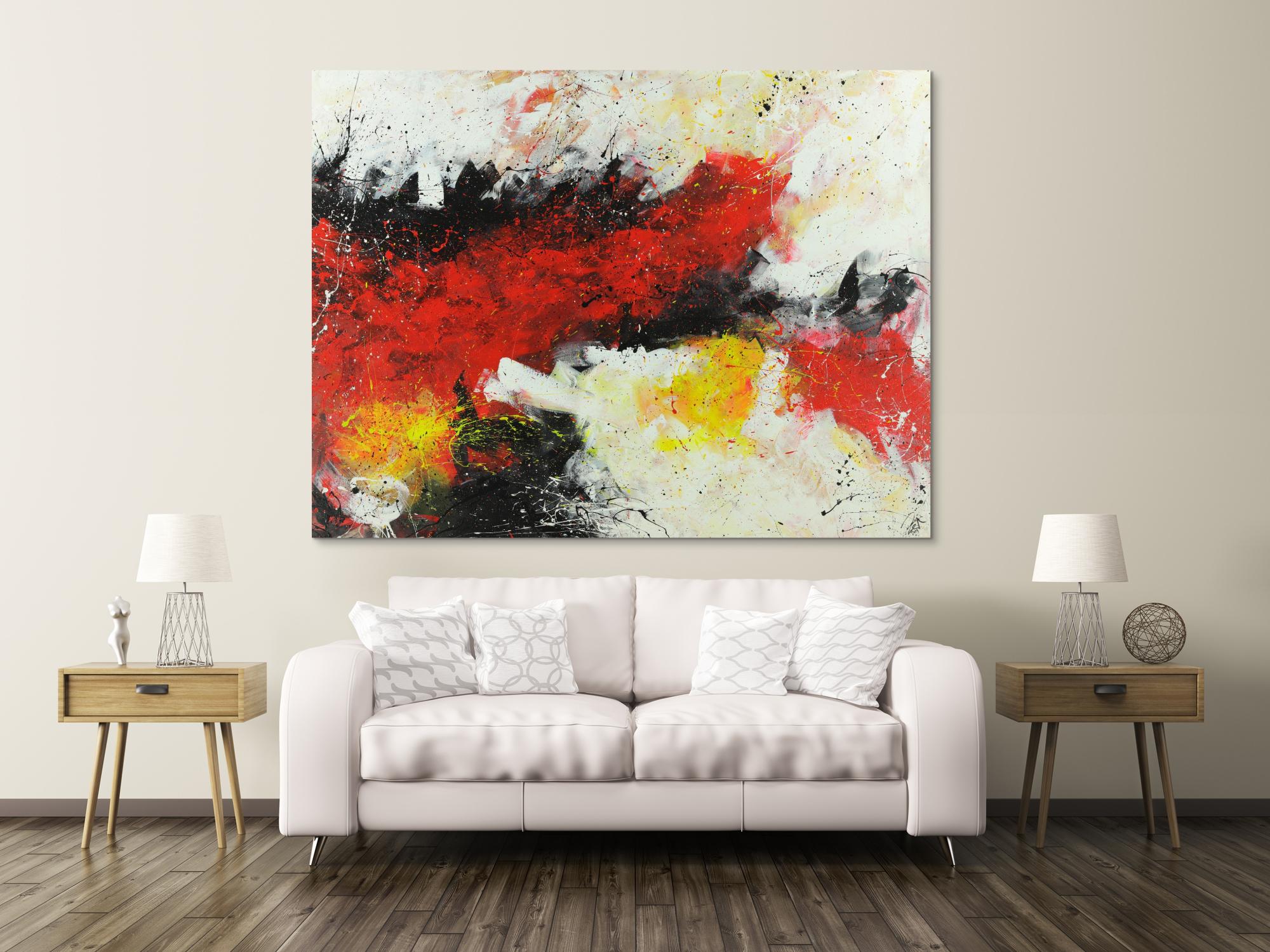 Abstraktes Acrylbild Action Painting rot weiß gelb schwarz auf Leinwand handgemalt XXL zeitgenössisch