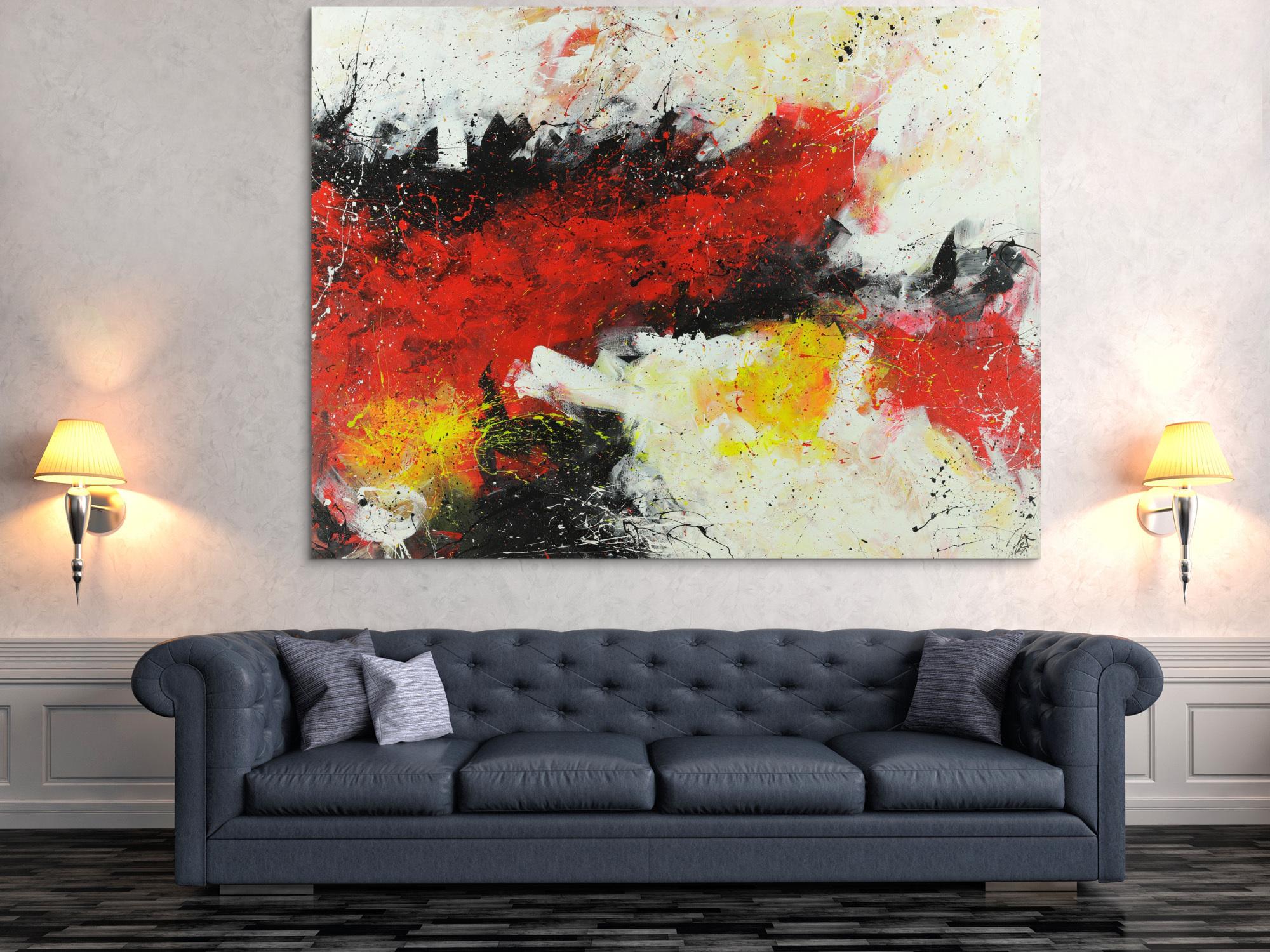 Abstraktes Acrylbild Action Painting rot weiß gelb schwarz auf Leinwand handgemalt XXL zeitgenössisch