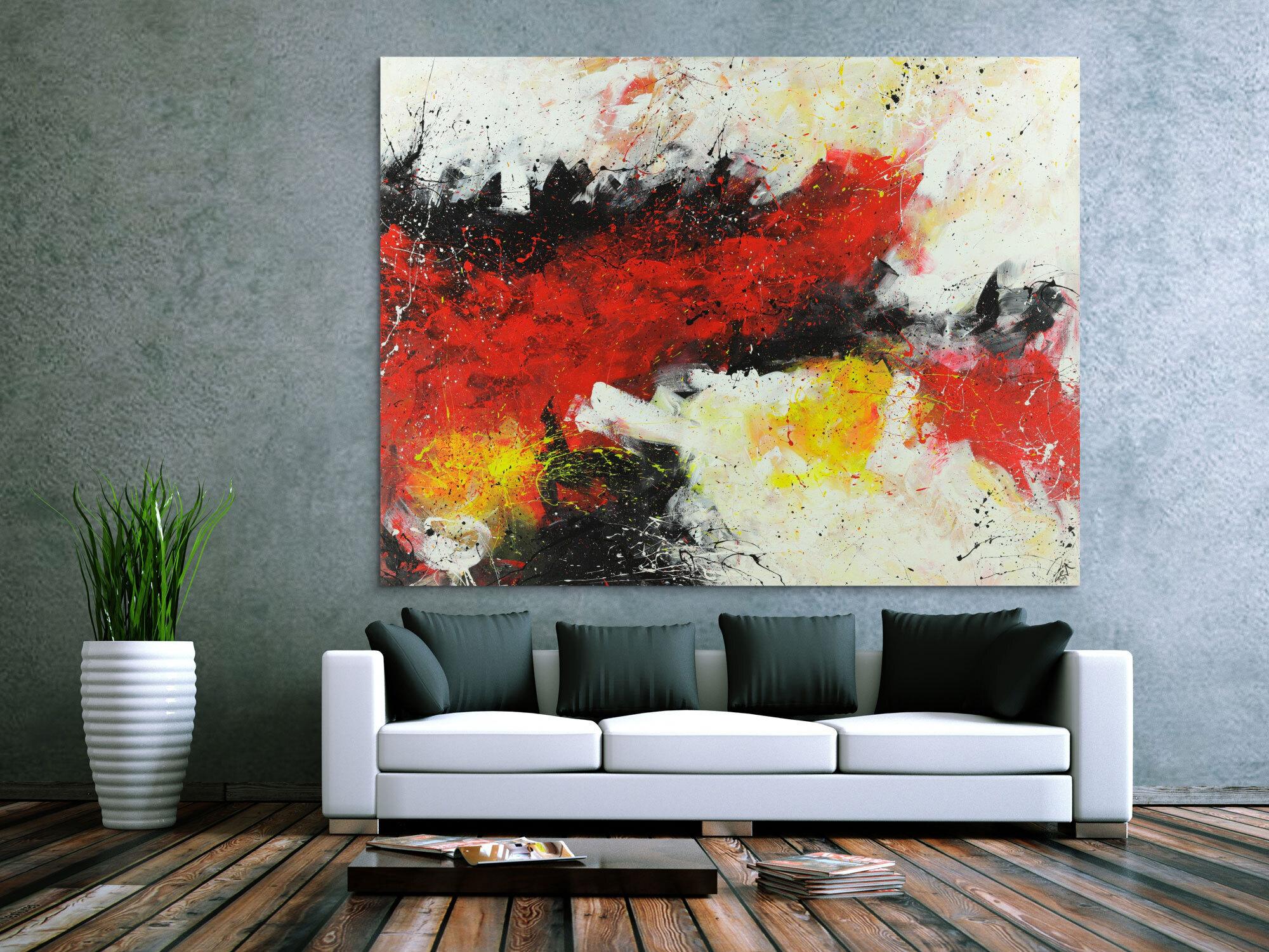 Abstraktes Acrylbild Action Painting rot weiß gelb schwarz auf Leinwand handgemalt XXL zeitgenössisch
