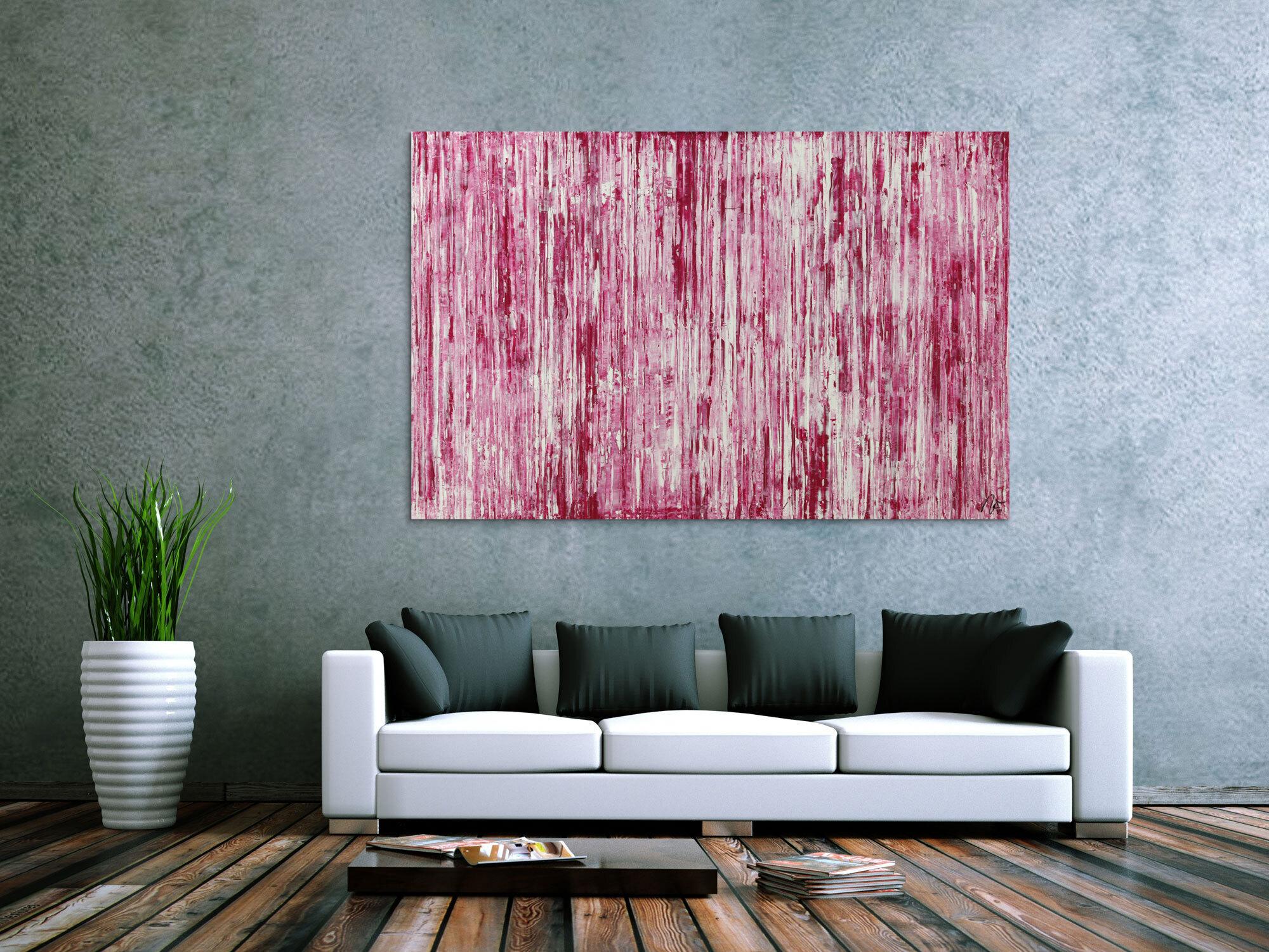 Abstraktes Acrylbild weiß und magenta Spachteltechnik auf Leinwand handgemalt in XXL