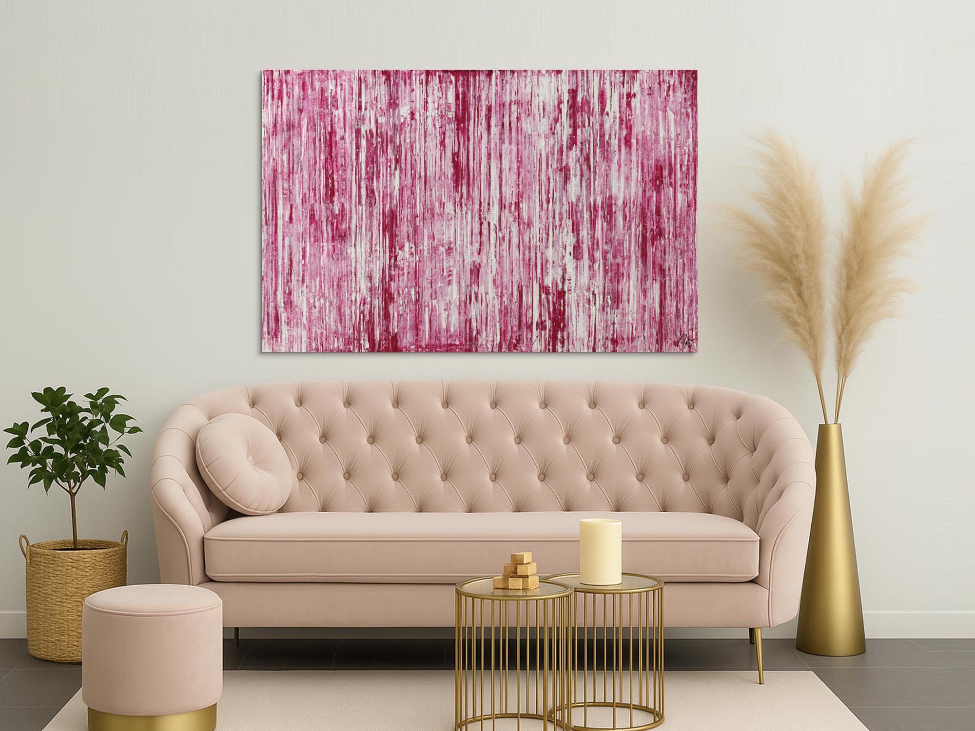 Abstraktes Acrylbild weiß und magenta Spachteltechnik auf Leinwand handgemalt in XXL