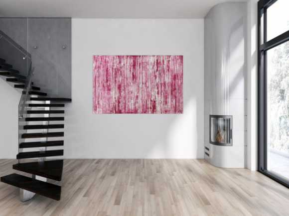 Abstraktes Acrylbild weiß und magenta Spachteltechnik auf Leinwand handgemalt in XXL