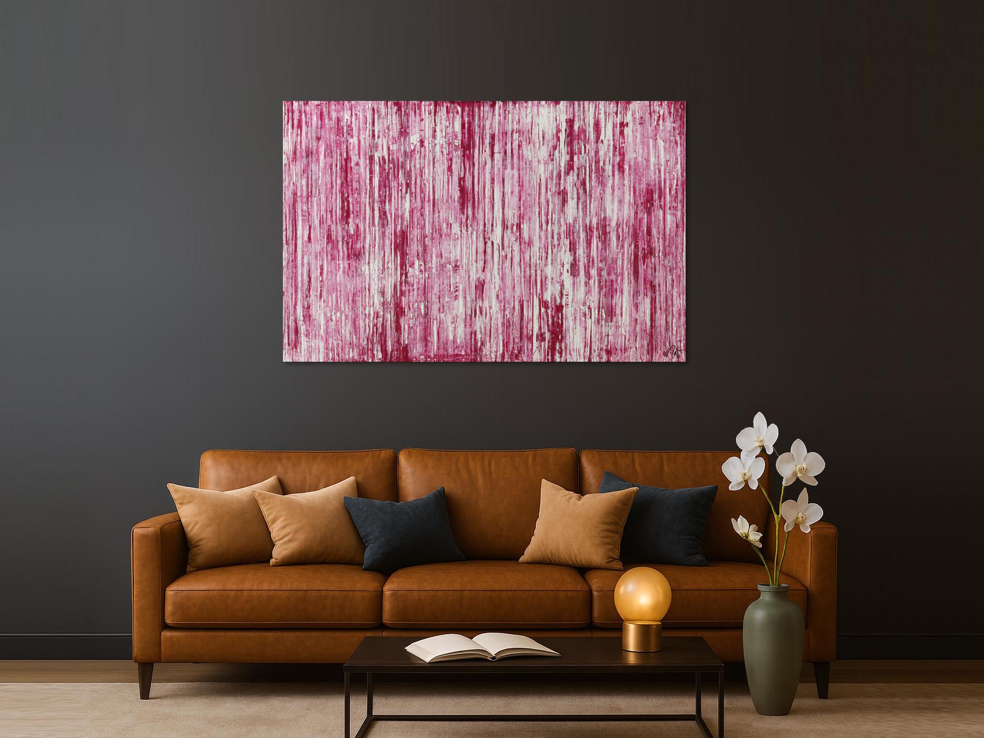 Abstraktes Acrylbild weiß und magenta Spachteltechnik auf Leinwand handgemalt in XXL