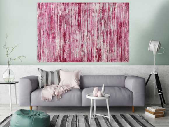 Abstraktes Acrylbild weiß und magenta Spachteltechnik auf Leinwand handgemalt in XXL