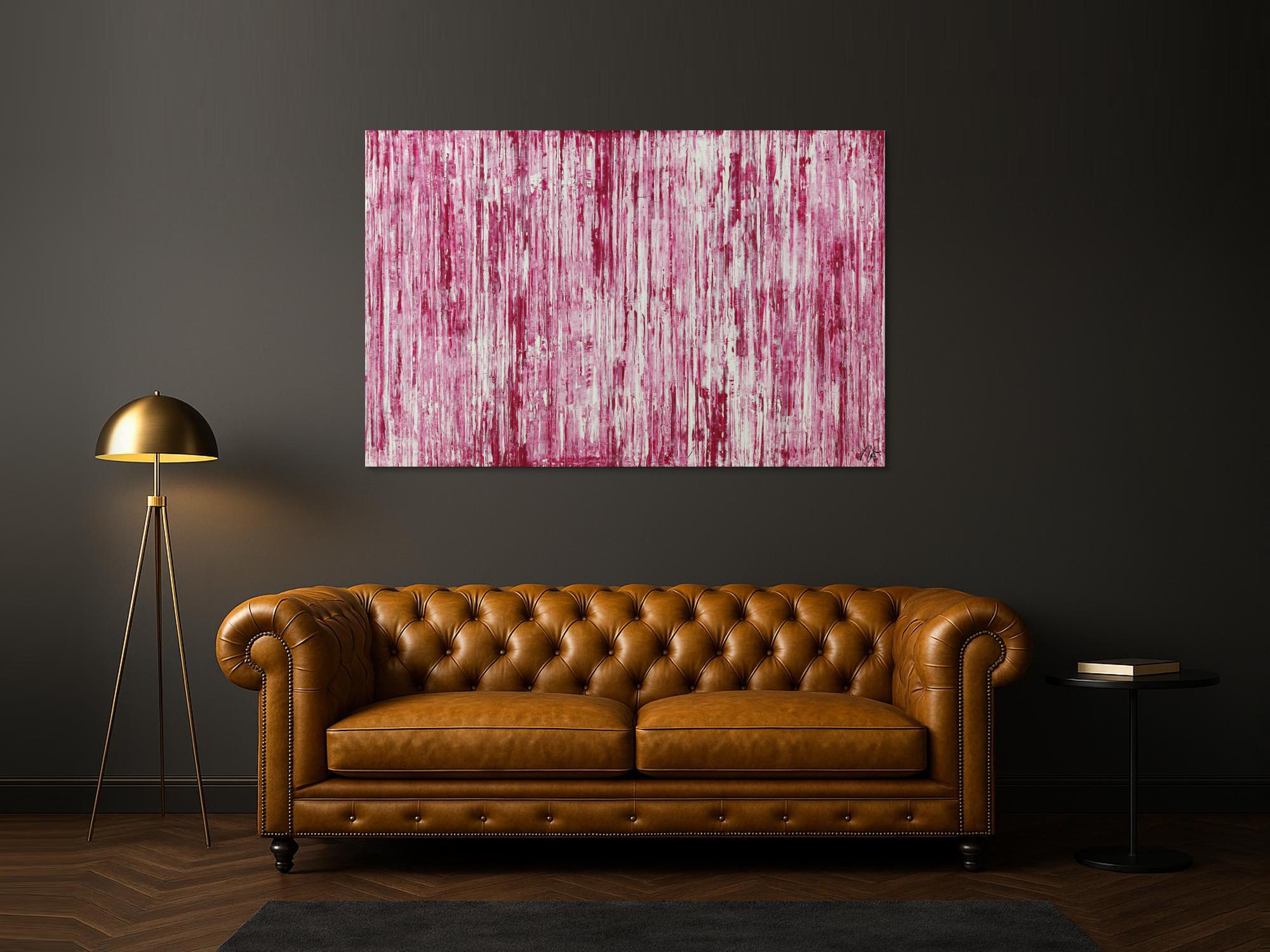 Abstraktes Acrylbild weiß und magenta Spachteltechnik auf Leinwand handgemalt in XXL