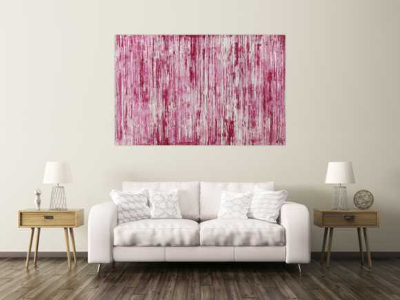 Abstraktes Acrylbild weiß und magenta Spachteltechnik auf Leinwand handgemalt in XXL