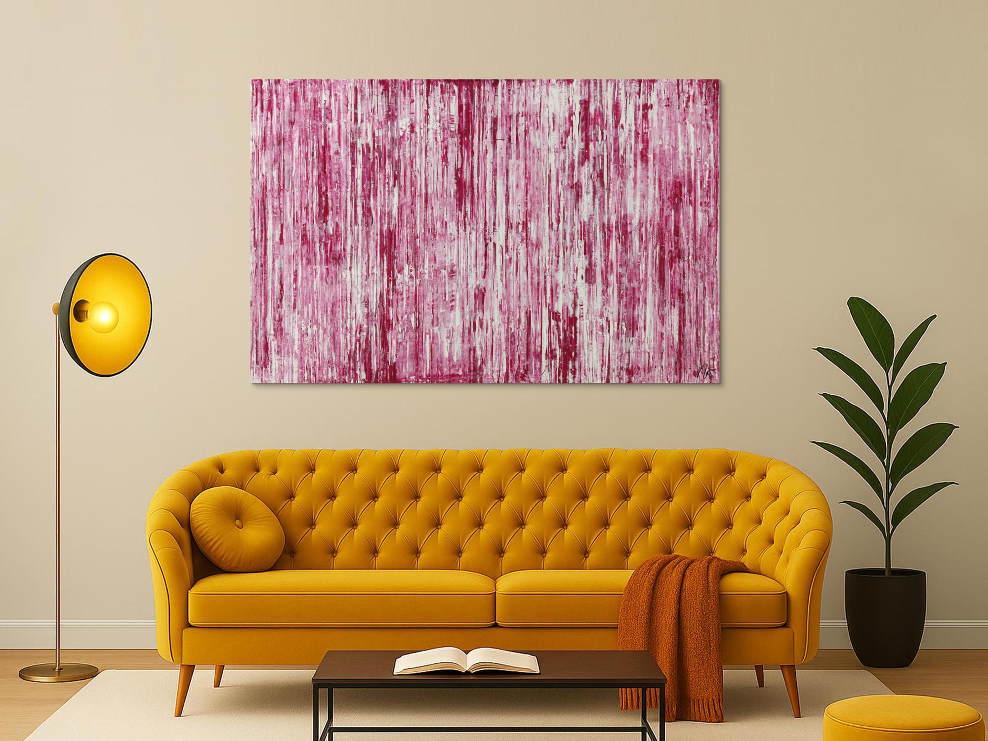 Abstraktes Acrylbild weiß und magenta Spachteltechnik auf Leinwand handgemalt in XXL