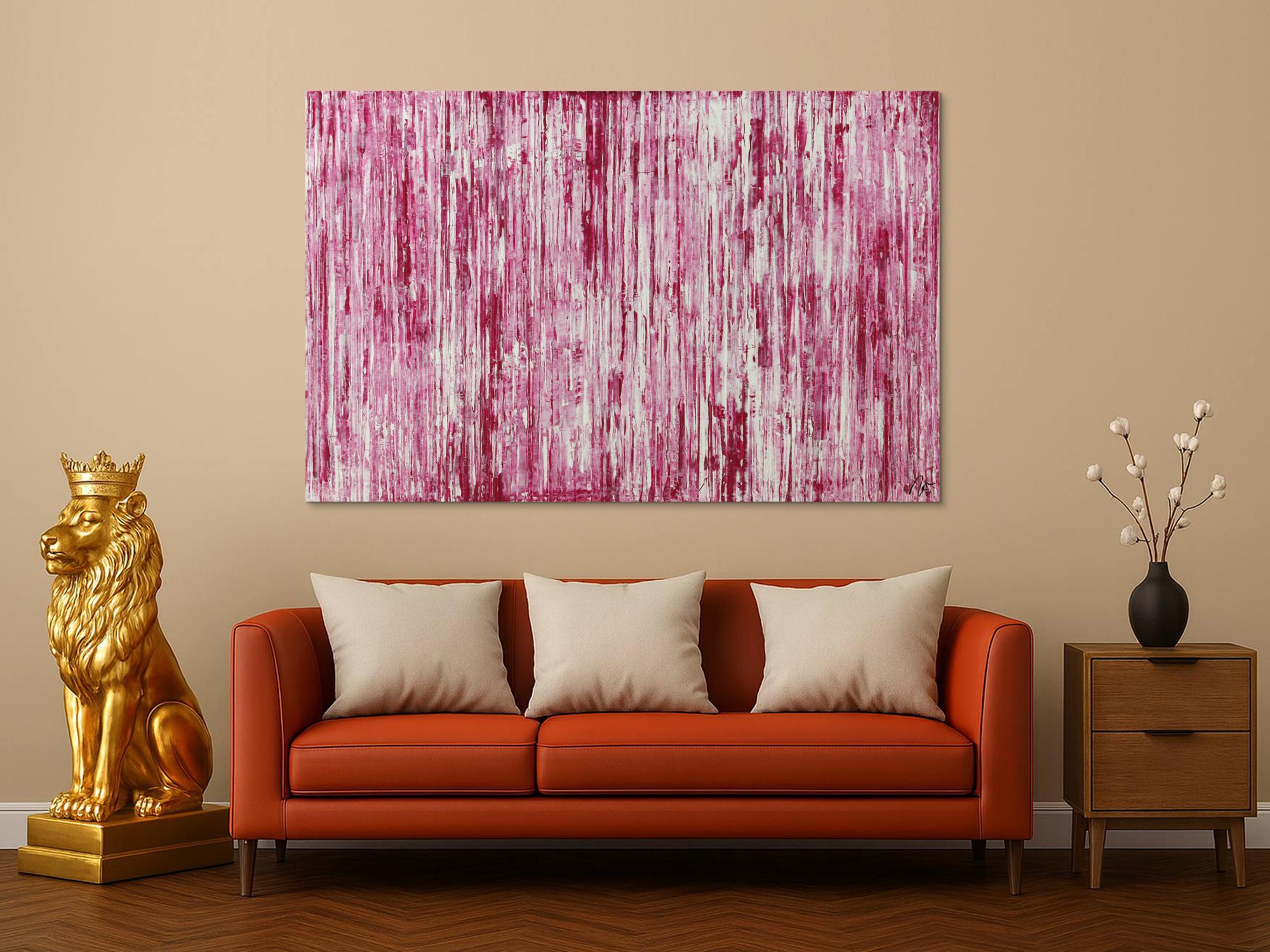 Abstraktes Acrylbild weiß und magenta Spachteltechnik auf Leinwand handgemalt in XXL