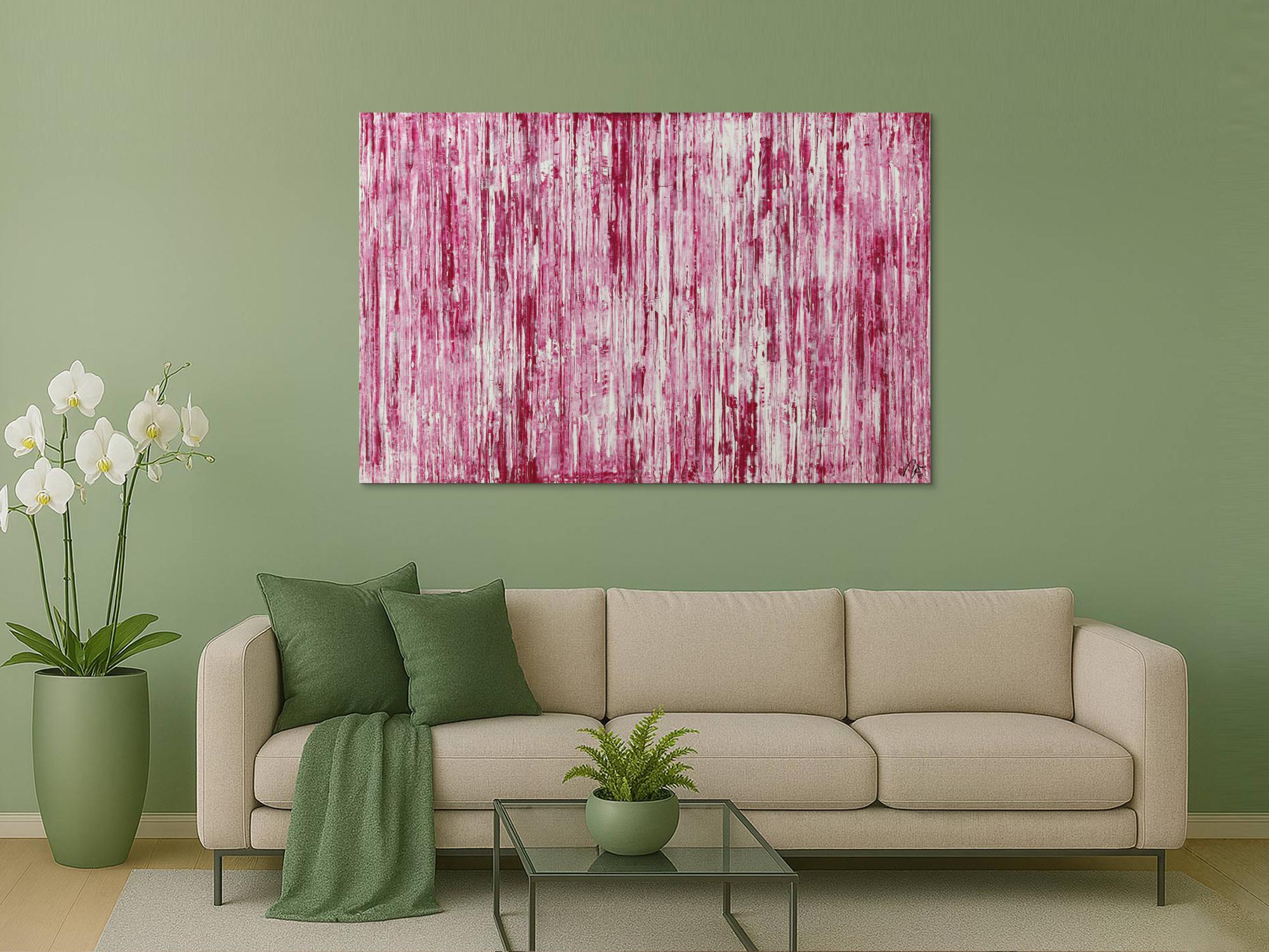 Abstraktes Acrylbild weiß und magenta Spachteltechnik auf Leinwand handgemalt in XXL