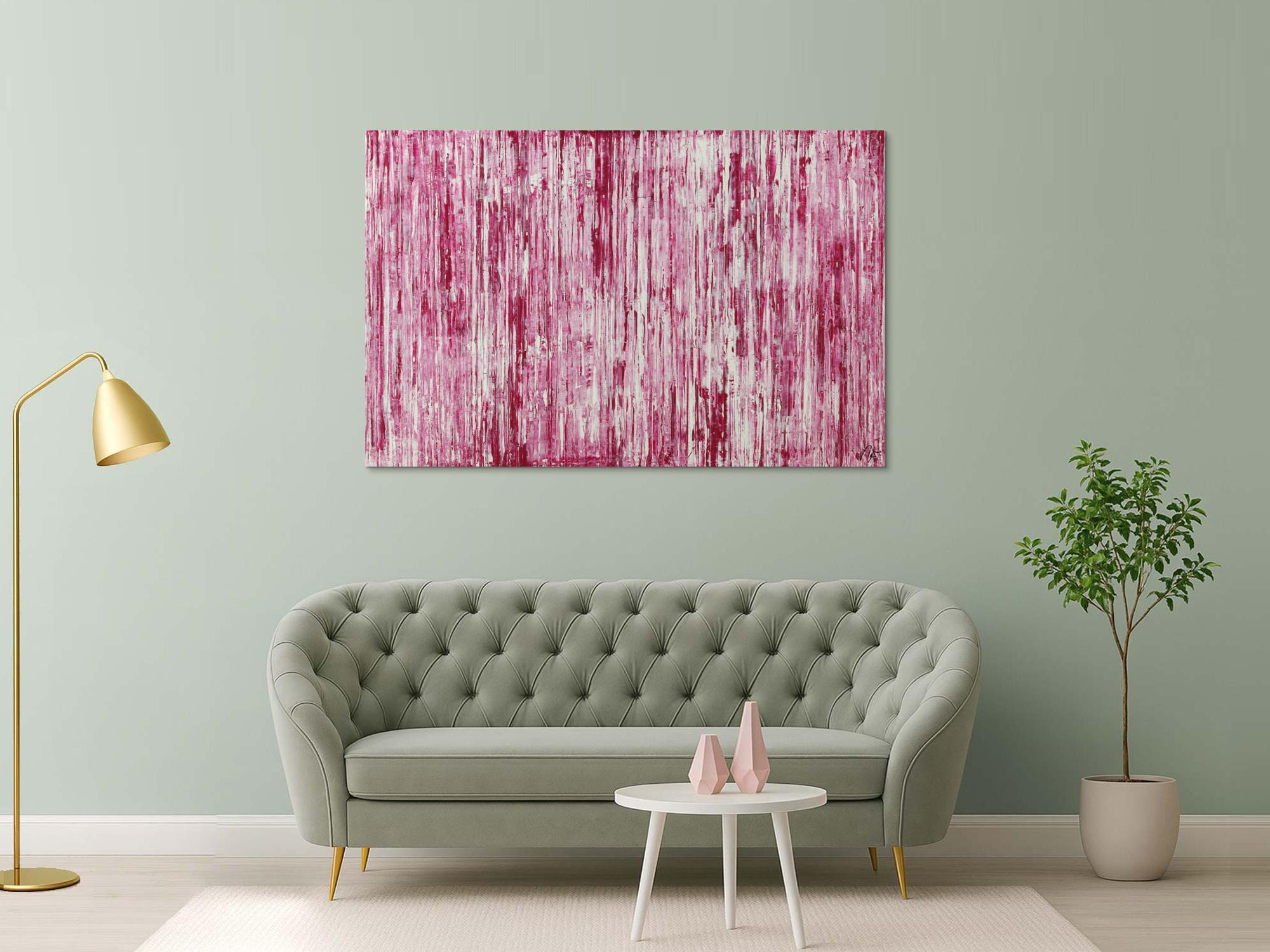 Abstraktes Acrylbild weiß und magenta Spachteltechnik auf Leinwand handgemalt in XXL