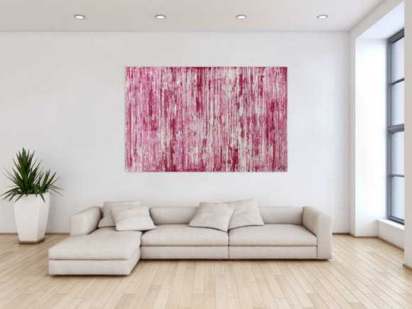 Abstraktes Acrylbild weiß und magenta Spachteltechnik auf Leinwand handgemalt in XXL