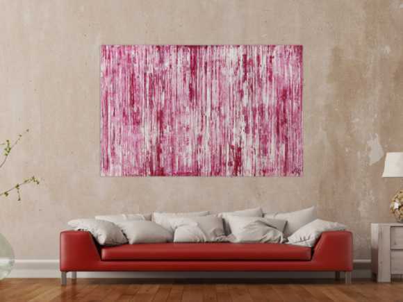 Abstraktes Acrylbild weiß und magenta Spachteltechnik auf Leinwand handgemalt in XXL