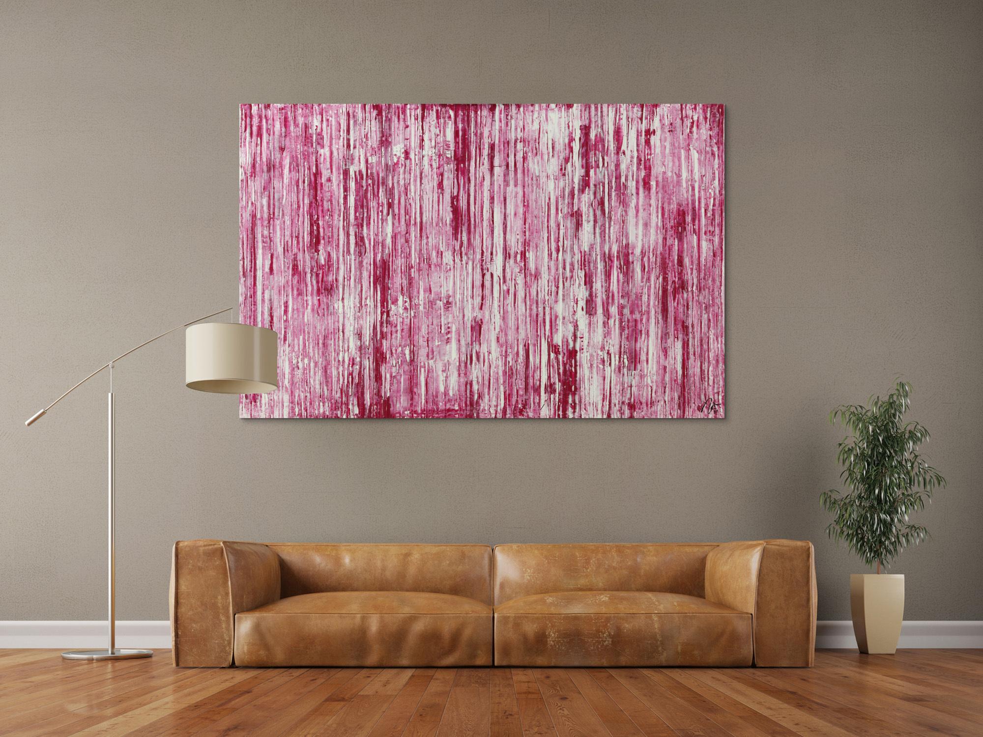 Abstraktes Acrylbild weiß und magenta Spachteltechnik auf Leinwand handgemalt in XXL