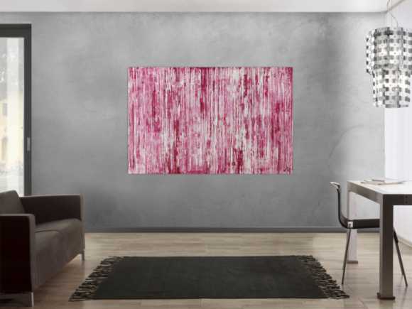 Abstraktes Acrylbild weiß und magenta Spachteltechnik auf Leinwand handgemalt in XXL