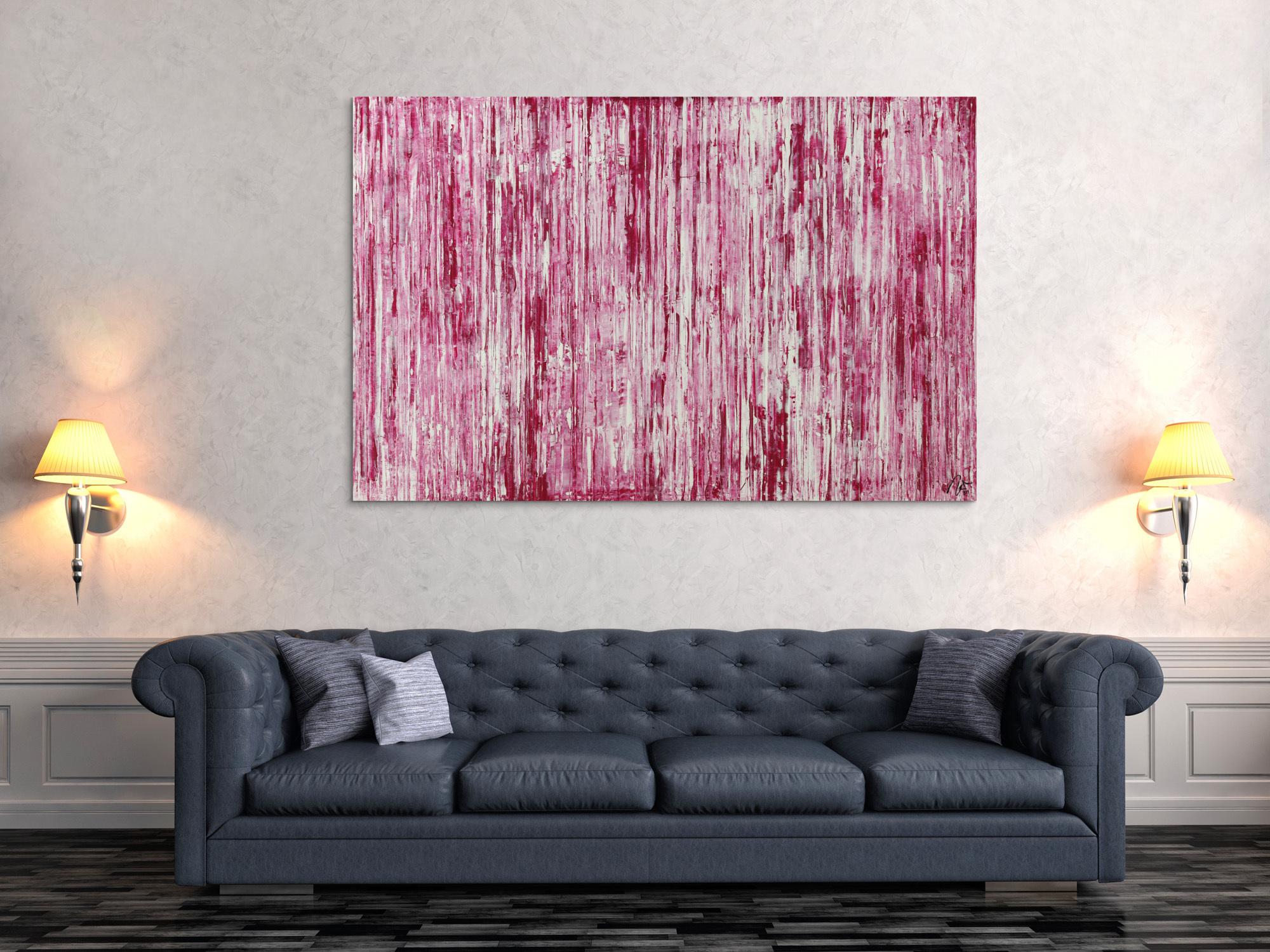 Abstraktes Acrylbild weiß und magenta Spachteltechnik auf Leinwand handgemalt in XXL