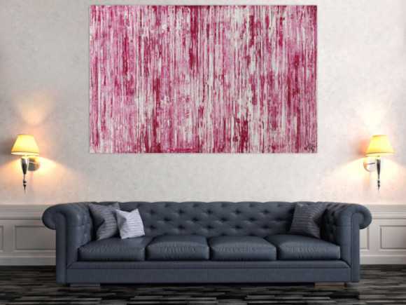 Abstraktes Acrylbild weiß und magenta Spachteltechnik auf Leinwand handgemalt in XXL