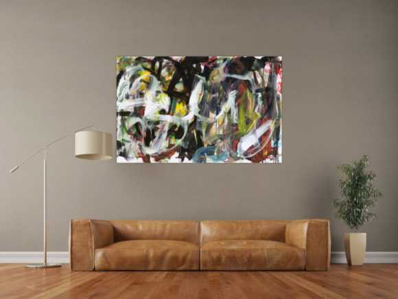 Abstraktes Original Gemälde 90x140cm Action Painting zeitgenössisch auf Leinwand Mischtechnik schwarz anthrazit weiß Einzelstück