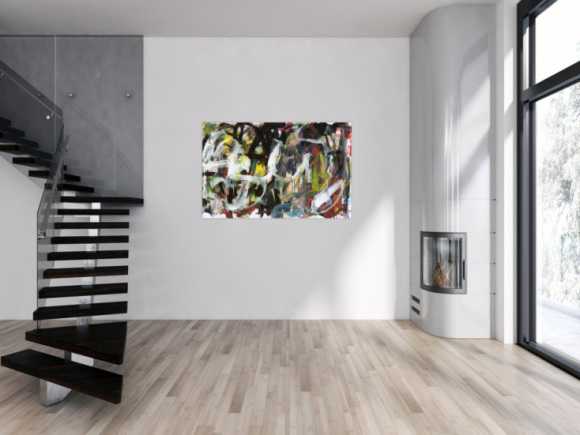 Abstraktes Original Gemälde 90x140cm Action Painting zeitgenössisch auf Leinwand Mischtechnik schwarz anthrazit weiß Einzelstück