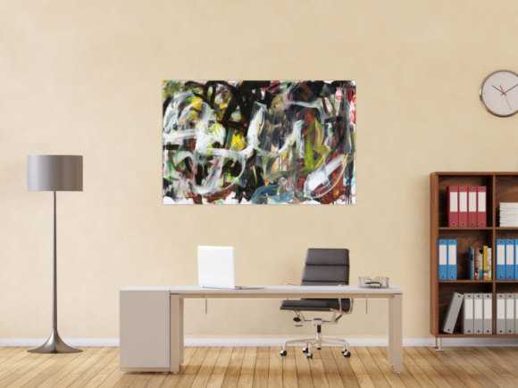 Abstraktes Original Gemälde 90x140cm Action Painting zeitgenössisch auf Leinwand Mischtechnik schwarz anthrazit weiß Einzelstück
