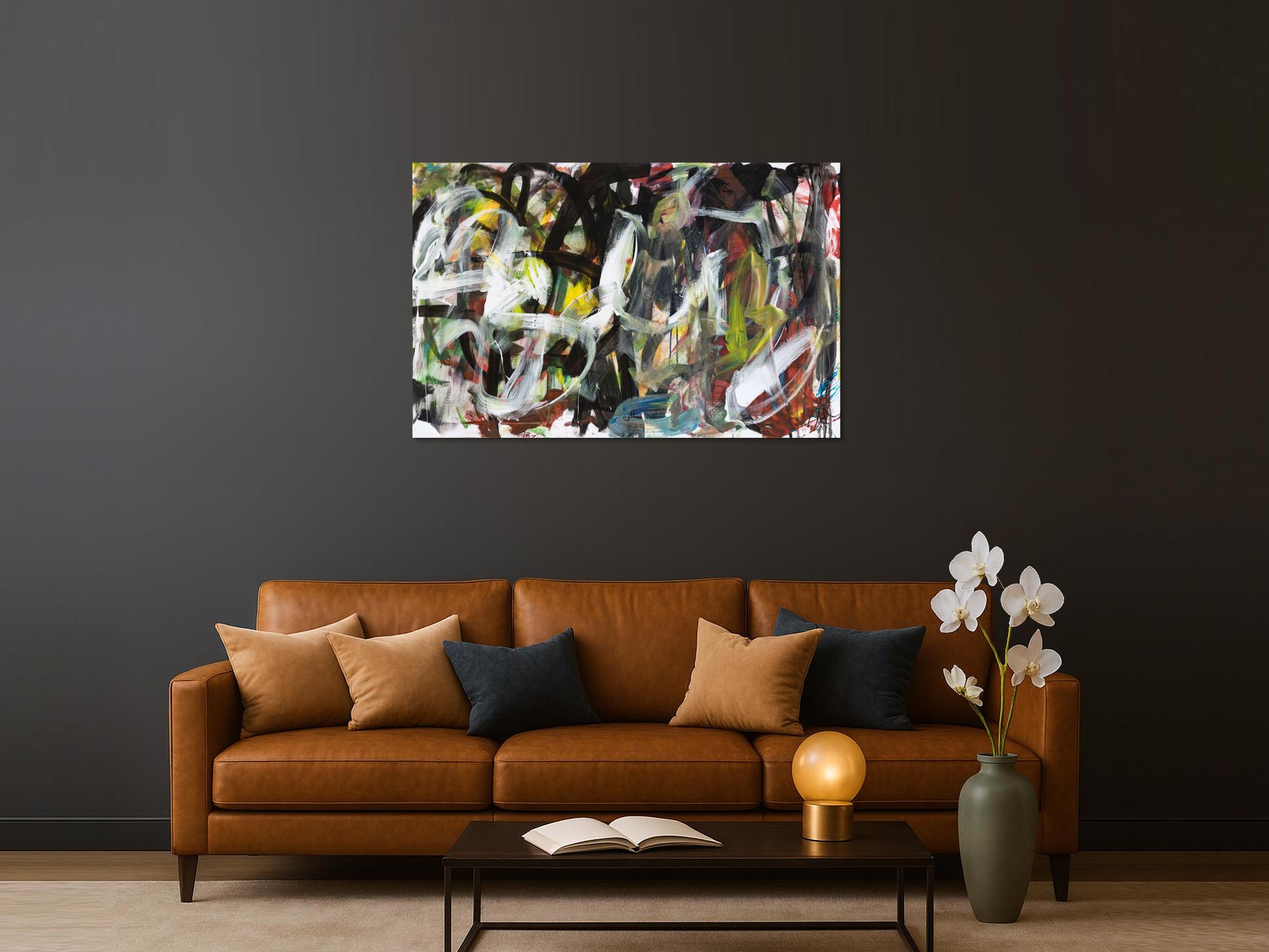 Abstraktes Original Gemälde 90x140cm Action Painting zeitgenössisch auf Leinwand Mischtechnik schwarz anthrazit weiß Einzelstück