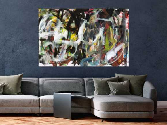 Abstraktes Original Gemälde 90x140cm Action Painting zeitgenössisch auf Leinwand Mischtechnik schwarz anthrazit weiß Einzelstück