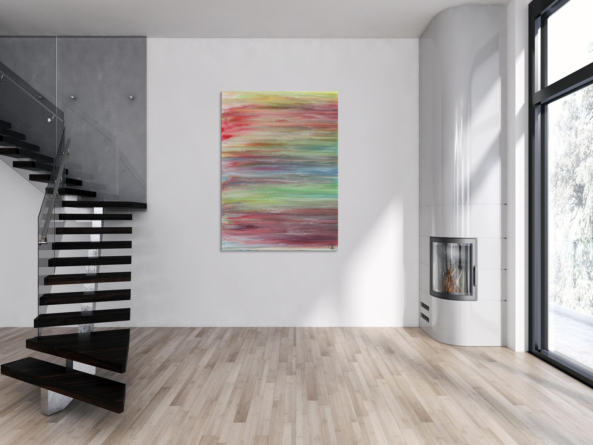 Abstraktes Acrylbild helle Pastellfarben Fließtechnik zeitgenössisch Modern Art auf Leinwand