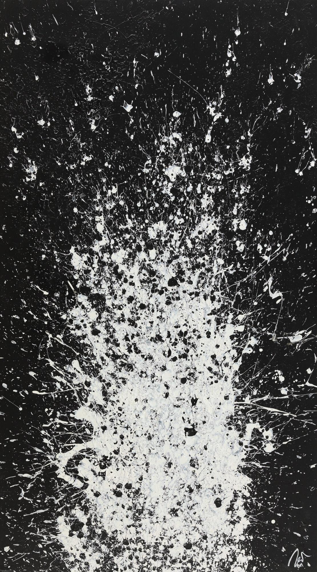 Abstraktes Acrylbild Action Painting schwarz weiß Hochformat Modern Art auf Leinwand handgemalt