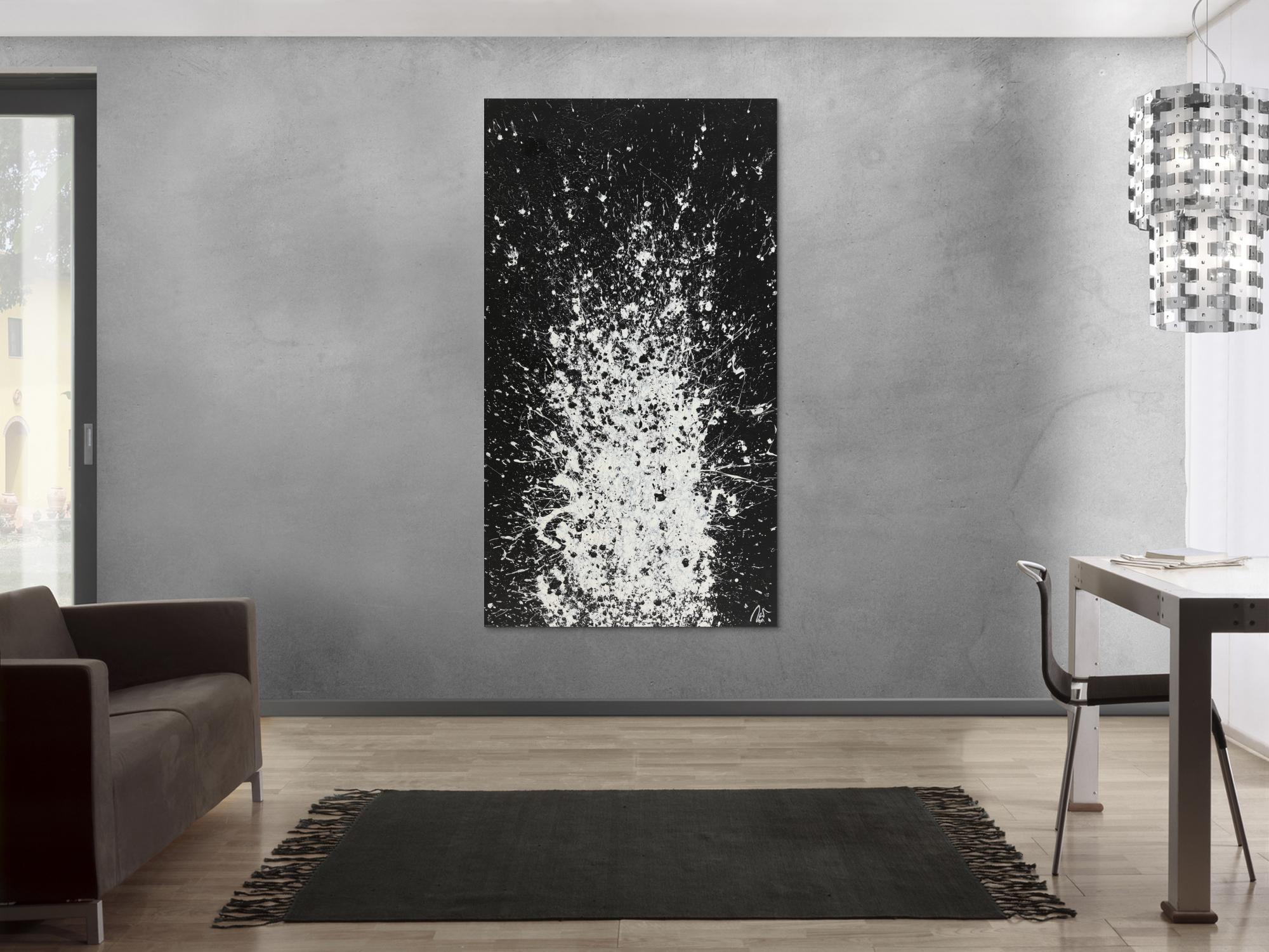 Abstraktes Acrylbild Action Painting schwarz weiß Hochformat Modern Art auf Leinwand handgemalt