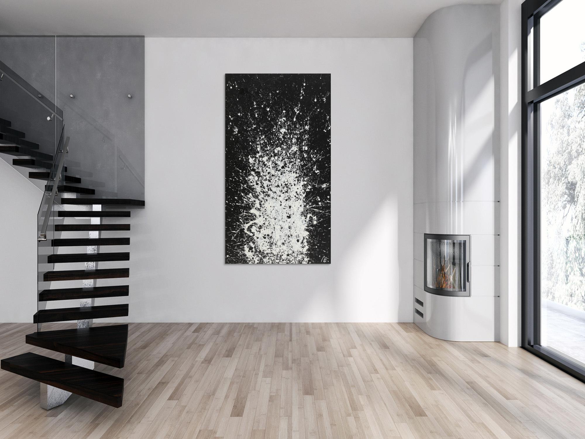 Abstraktes Acrylbild Action Painting schwarz weiß Hochformat Modern Art auf Leinwand handgemalt