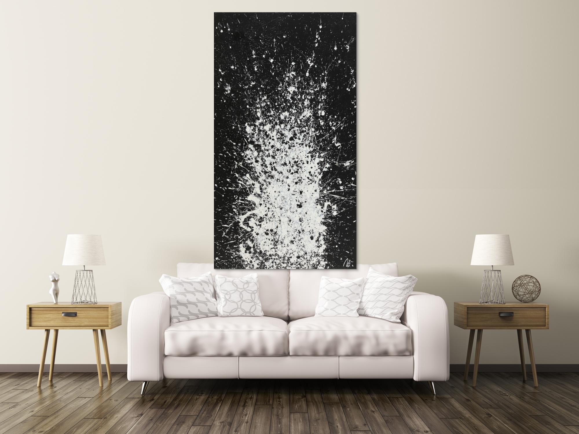 Abstraktes Acrylbild Action Painting schwarz weiß Hochformat Modern Art auf Leinwand handgemalt